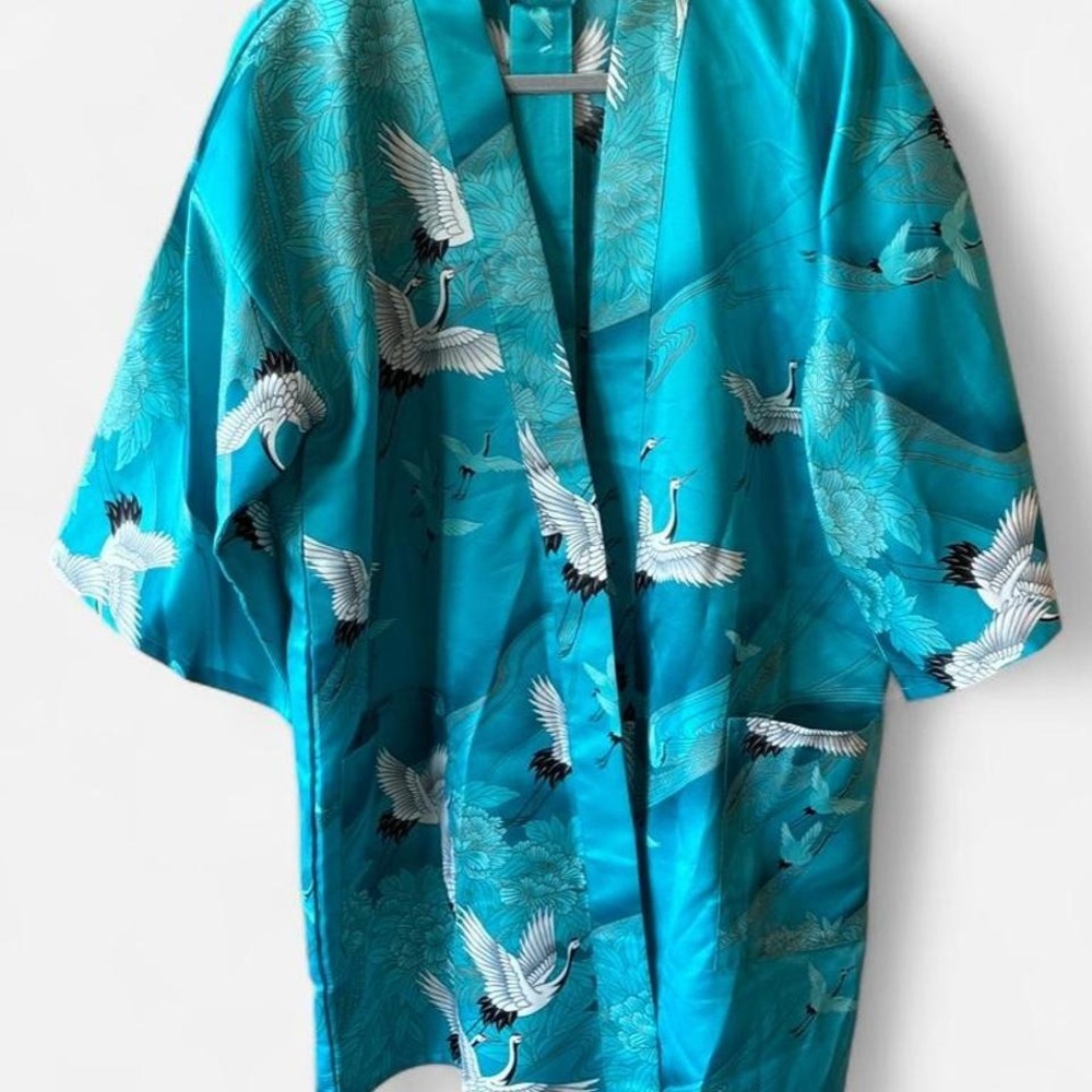 Blue & white Japanese kimono w/ crane design & sash 100% cotton-silk feel Sz OS